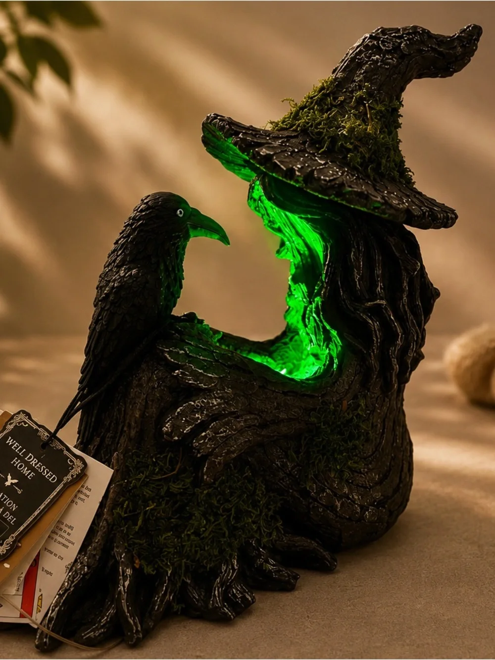 Halloween Mossy Tree Witch with crow Light Up Figurine Raven Decor Viral